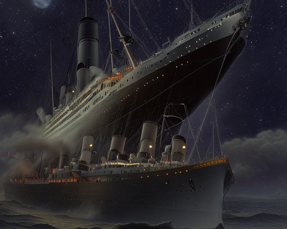 Illustration of Titanic at Night with Moonlit Sky and Smoke Billowing