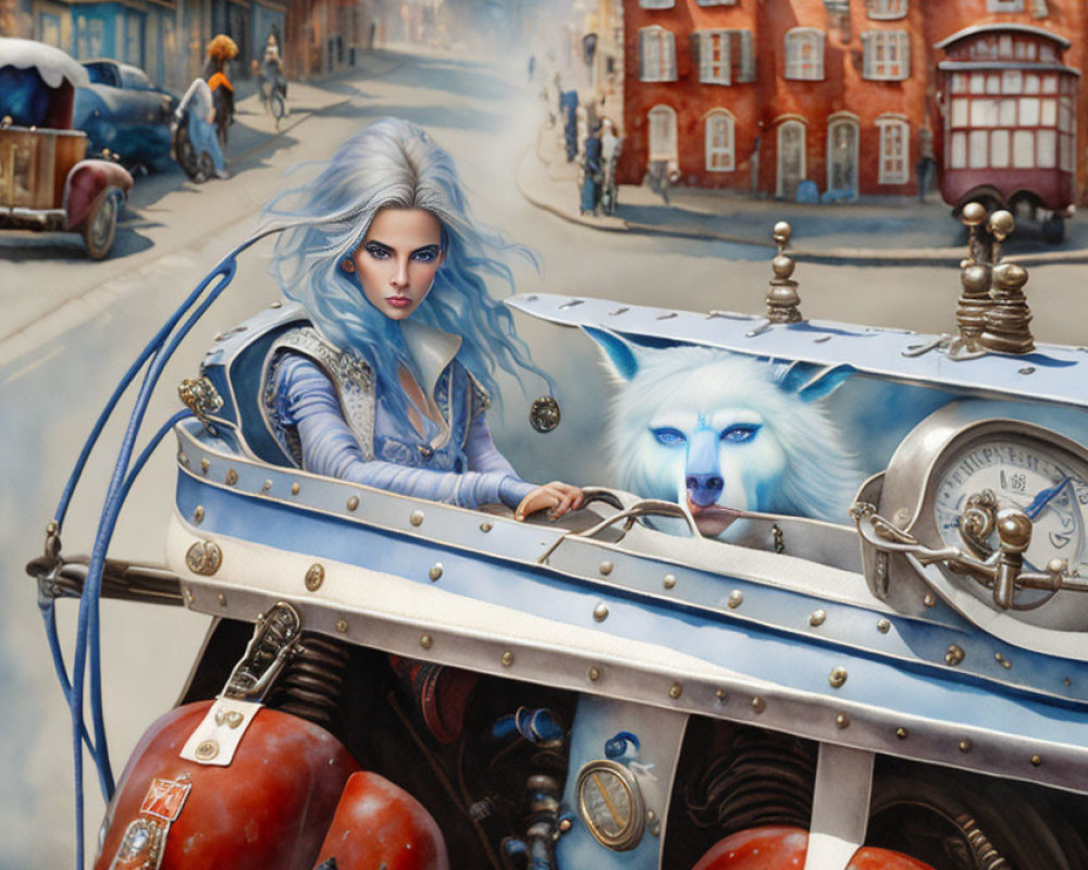 Blue-haired woman drives fantasy race car with wolf motif in futuristic setting