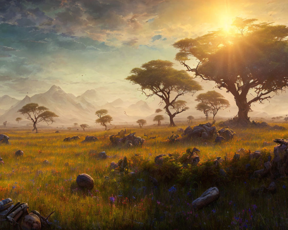 Serene savanna landscape at sunrise with acacia trees and distant mountains