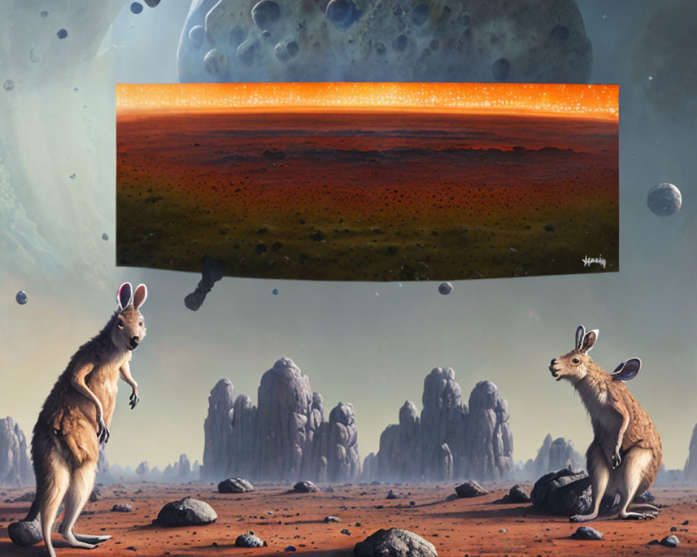 Surreal alien landscape with kangaroos and floating window depicting Mars-like scene