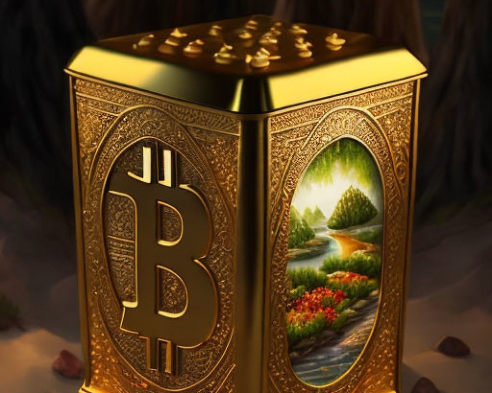 Golden Bitcoin Symbol Cube with Pastoral Landscape Art in Forest Setting