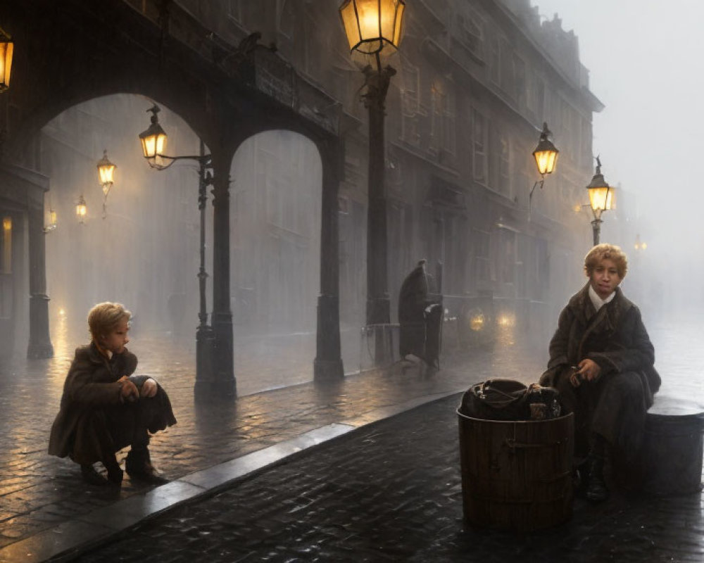 Children on foggy cobblestone street at dusk with old-fashioned street lamps and buildings