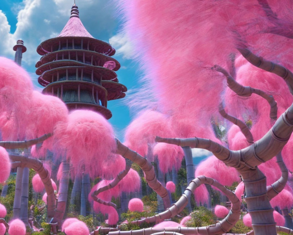 Fantastical landscape with multi-tiered pagoda and pink trees under blue sky