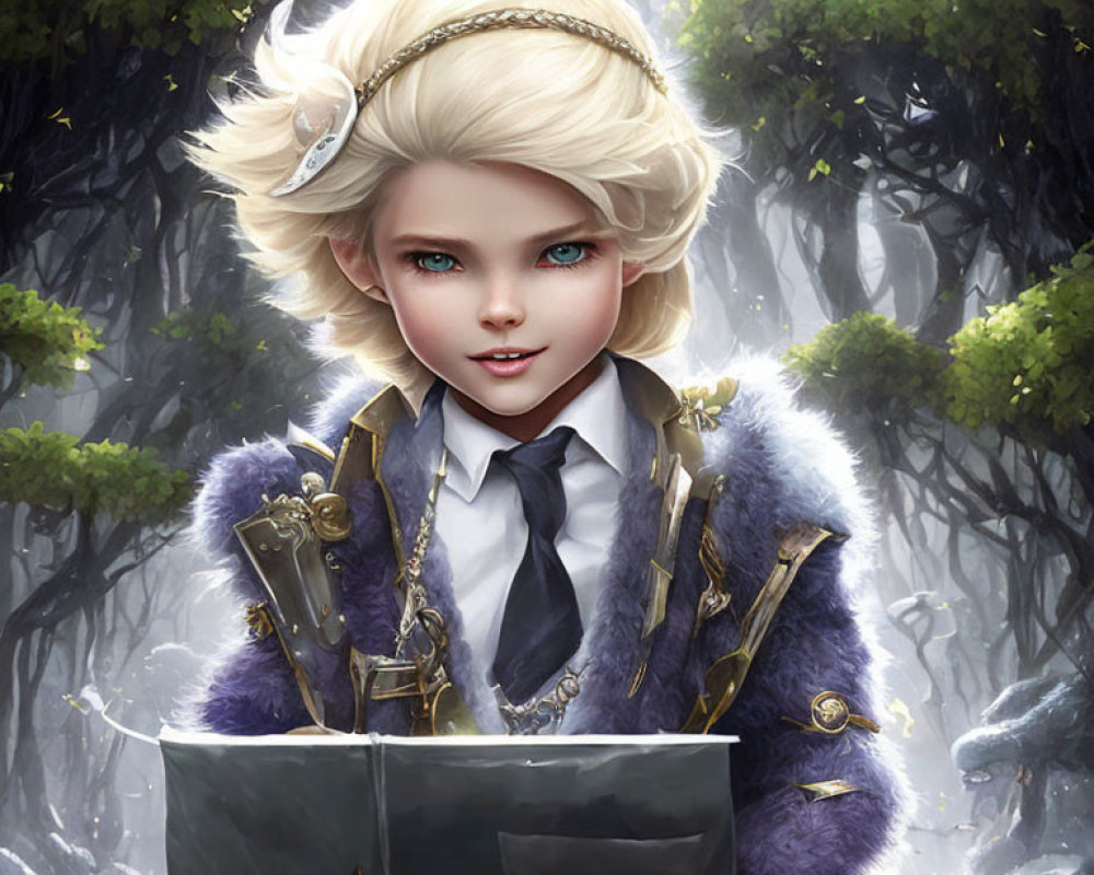 Fair-haired young elf in elegant suit reading large tome in enchanted forest