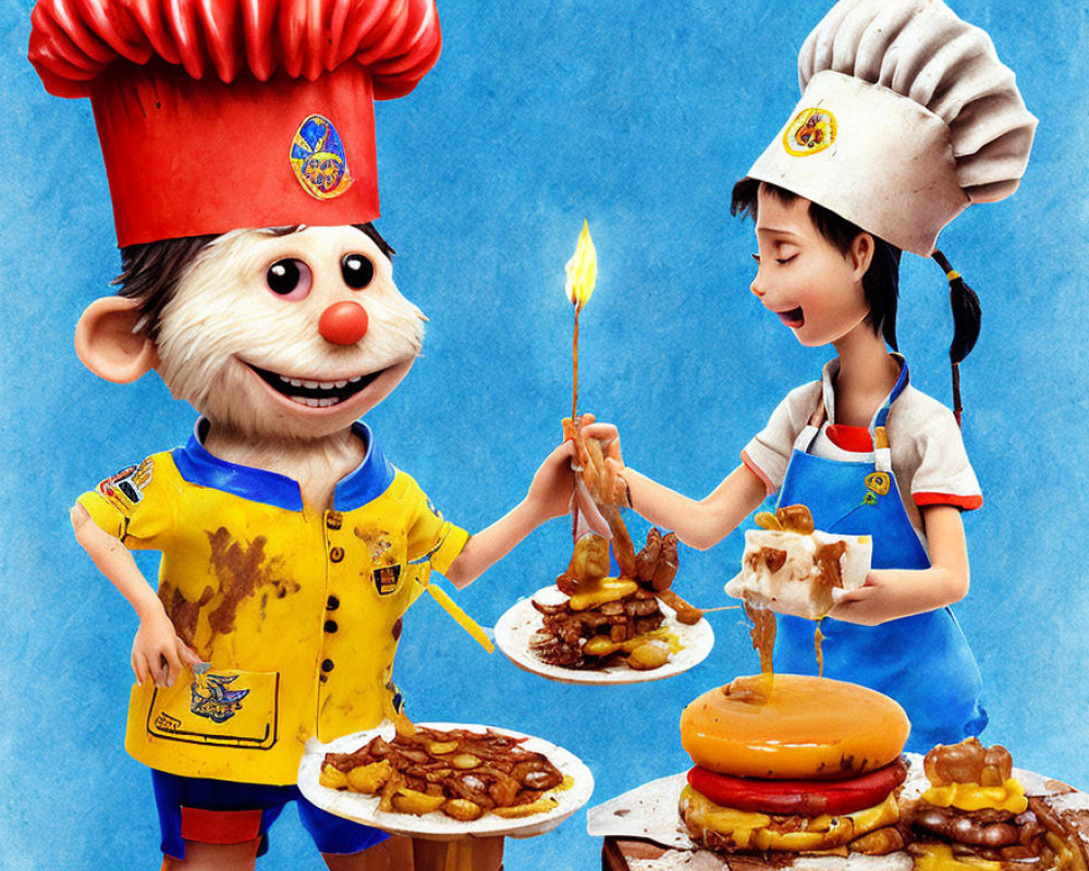 Cartoon mouse and girl chefs with spatula and kebab on blue background