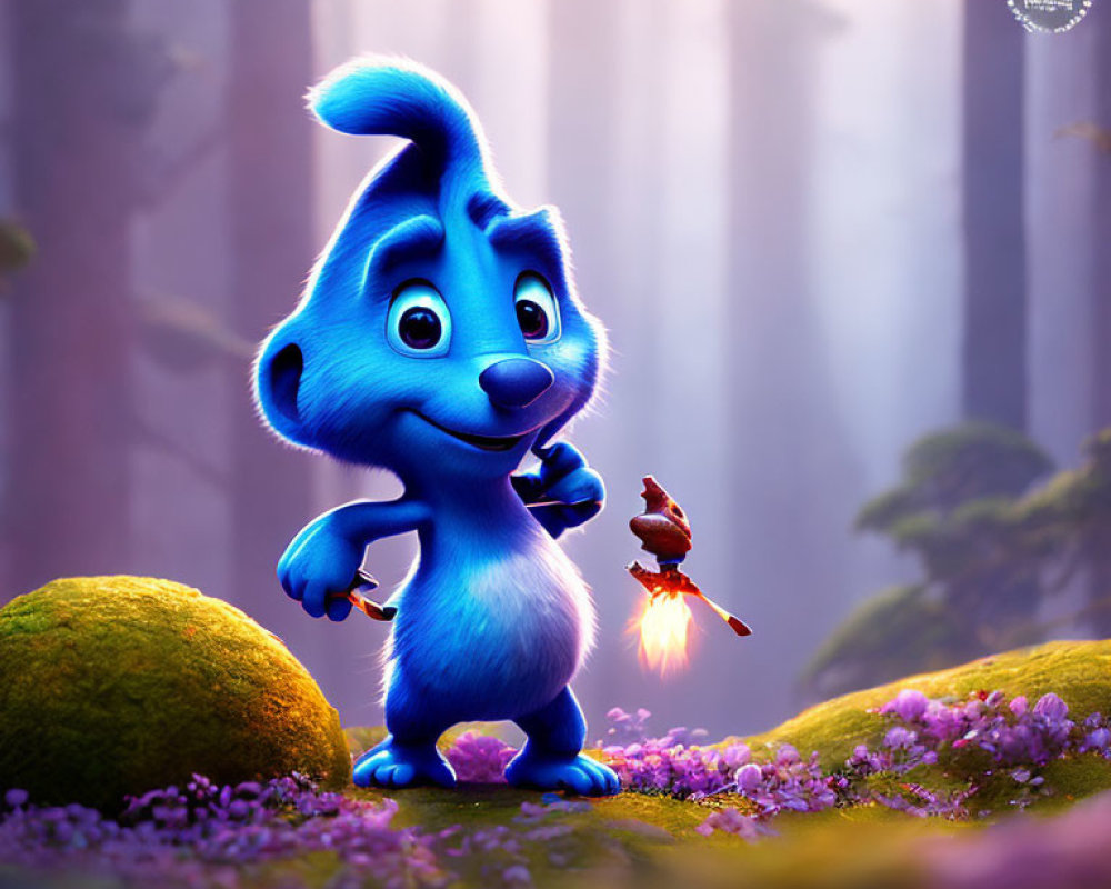 Blue animated creature with bushy tail in mystical forest with tiny bird and purple flora.
