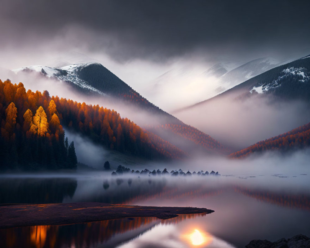 Mist-Covered Lake at Dawn with Silhouetted Mountains