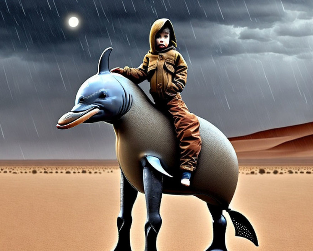 Child in brown hoodie on dolphin in surreal desert with rain and moonlit sky