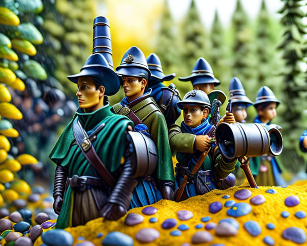 Miniature blue uniformed toy soldiers in colorful landscape with oversized foliage and weapons.