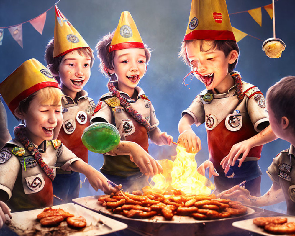 Animated scouts in party hats cook sausages over campfire