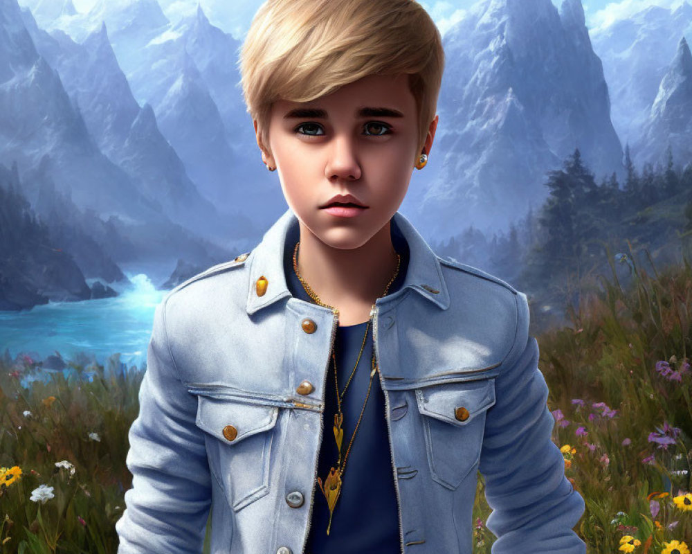 Digital artwork of young person with blonde hair in denim jacket against mountain backdrop