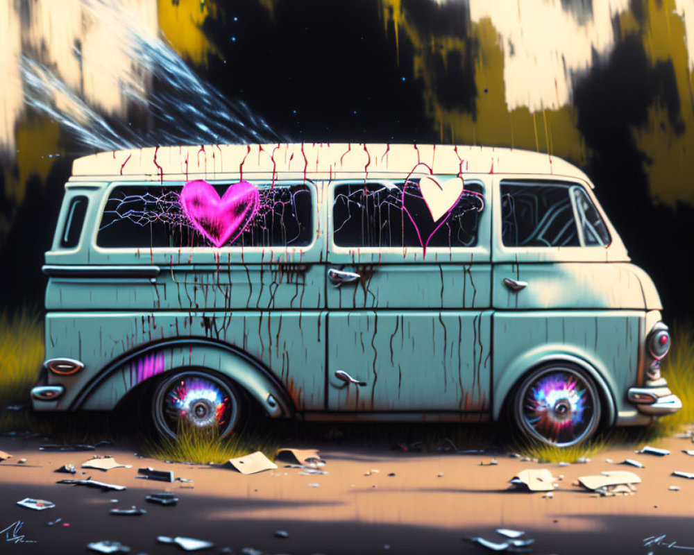Vintage Van with Graffiti Hearts on Yellow Wall, Eye Design Tires, Paper Scattered