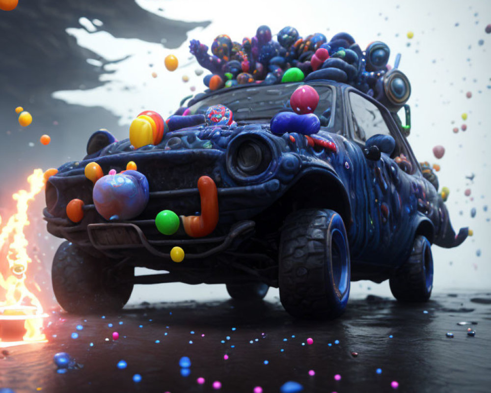 Vibrant Candy-Covered Car with Melting Candies and Flames