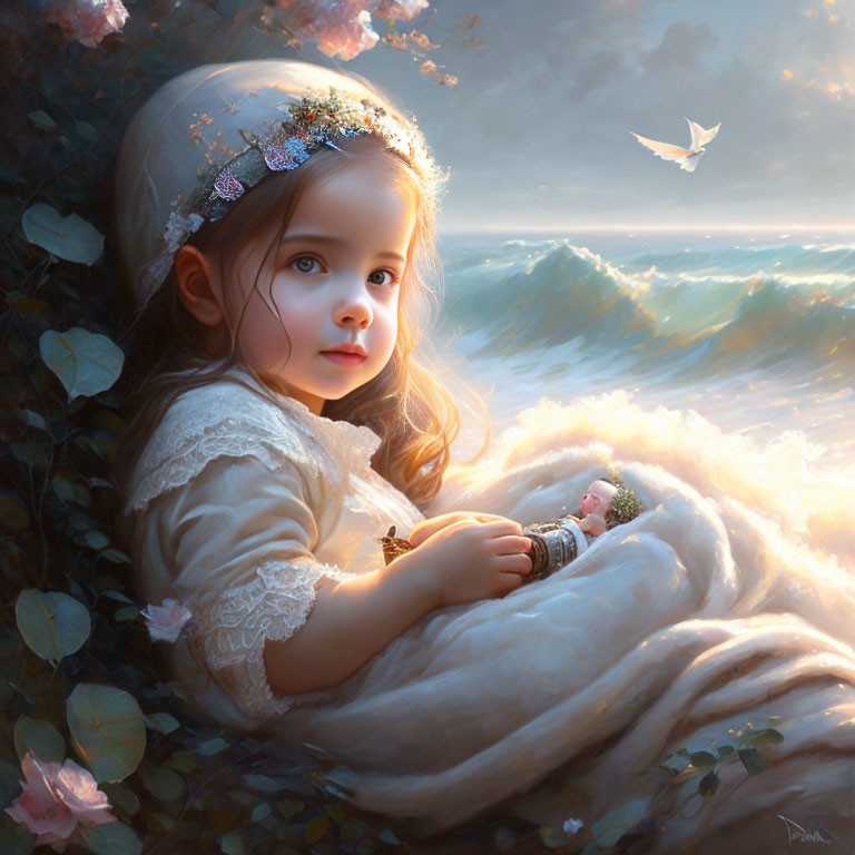Young girl with floral crown holding doll in lush coastal setting