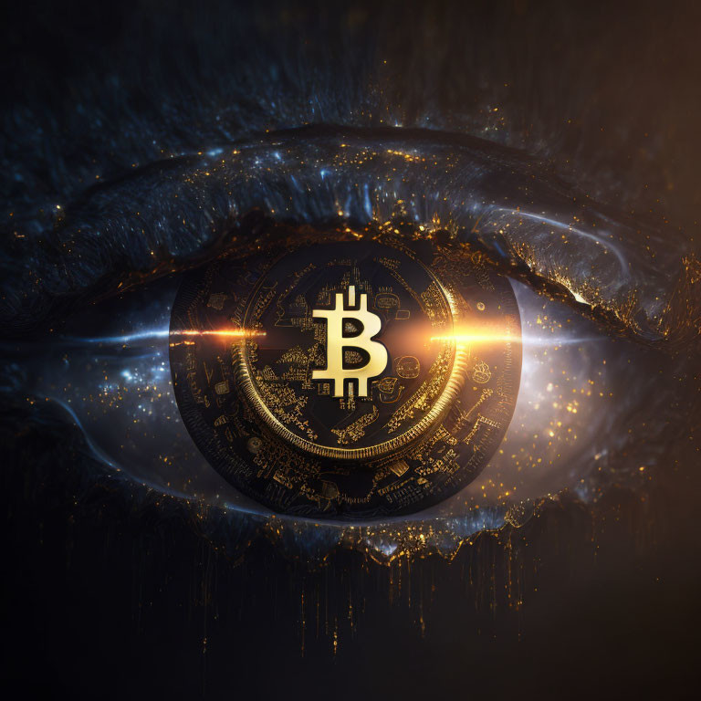 Human eye with glowing Bitcoin symbol and digital elements in cosmic backdrop