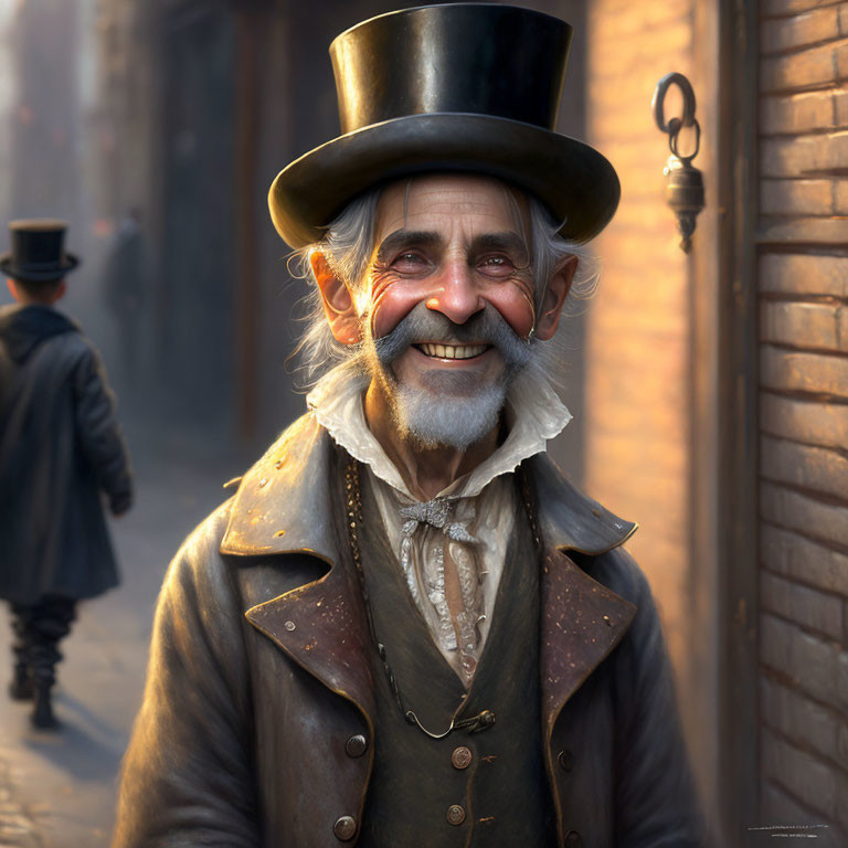 Elderly man in top hat smiling on cobblestone street