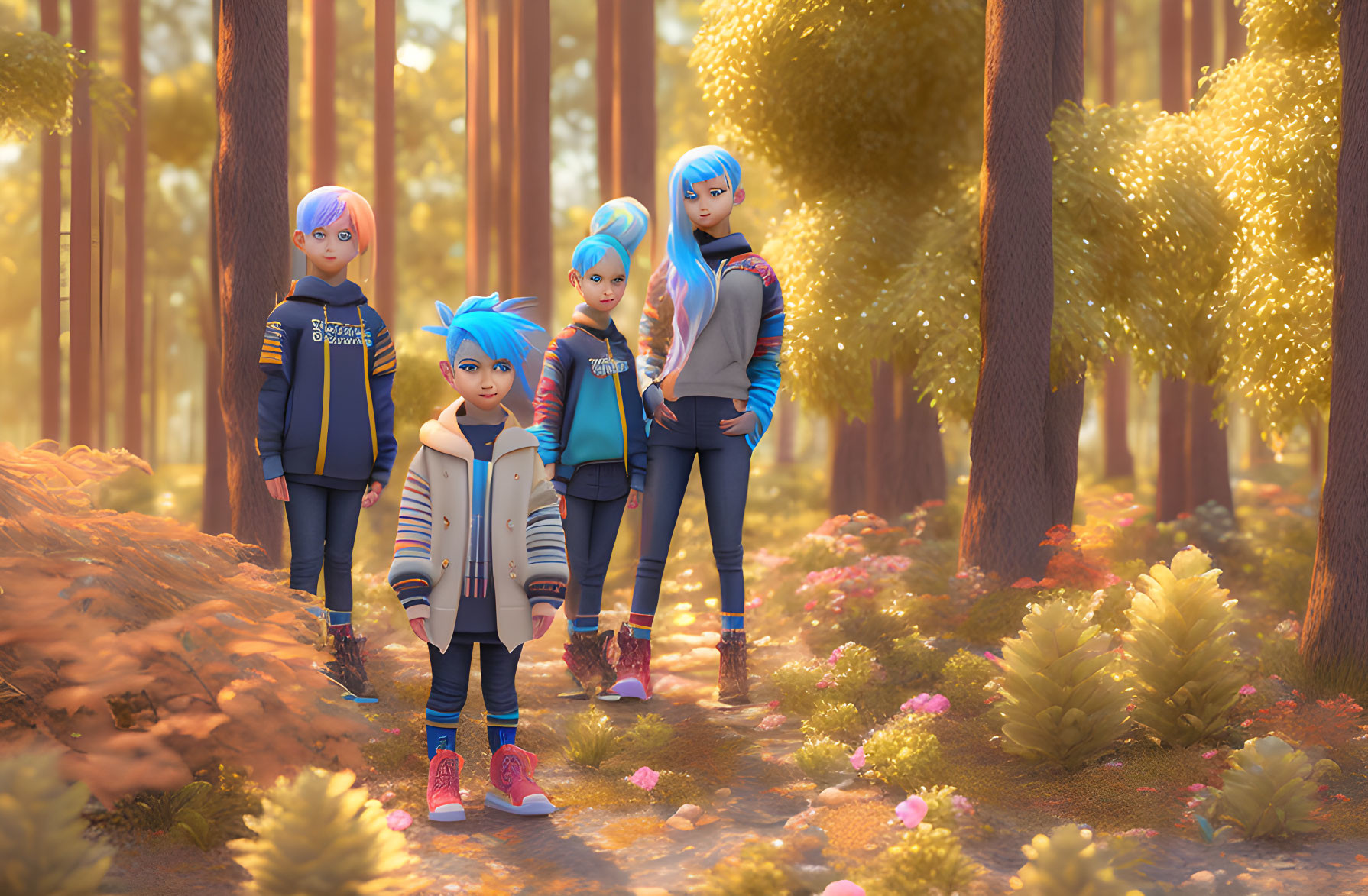 Five animated characters with blue hair in a sunlit forest surrounded by flowers