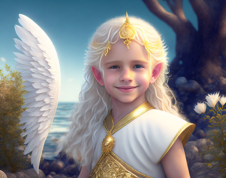 Digital artwork: Young angel with white wings and blonde hair in serene nature.