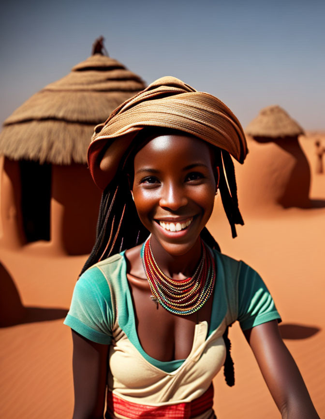 Smiling woman with headwrap in desert village landscape