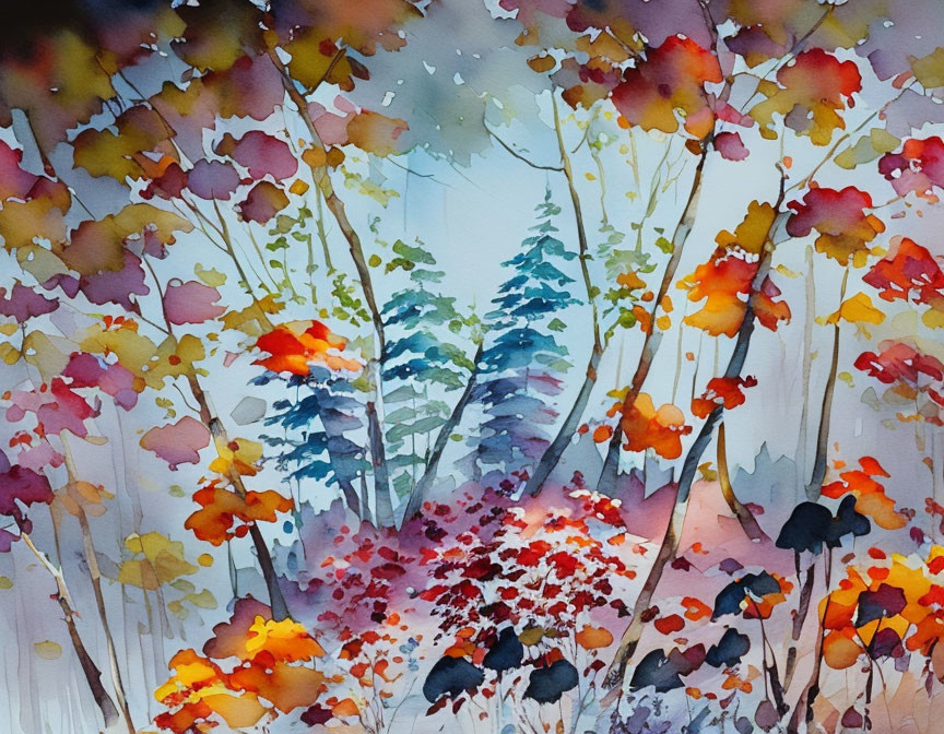 Vibrant autumnal forest scene in colorful watercolor