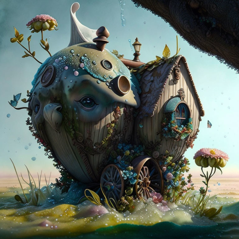 Whimsical teapot-elephant house submerged in water surrounded by flowers