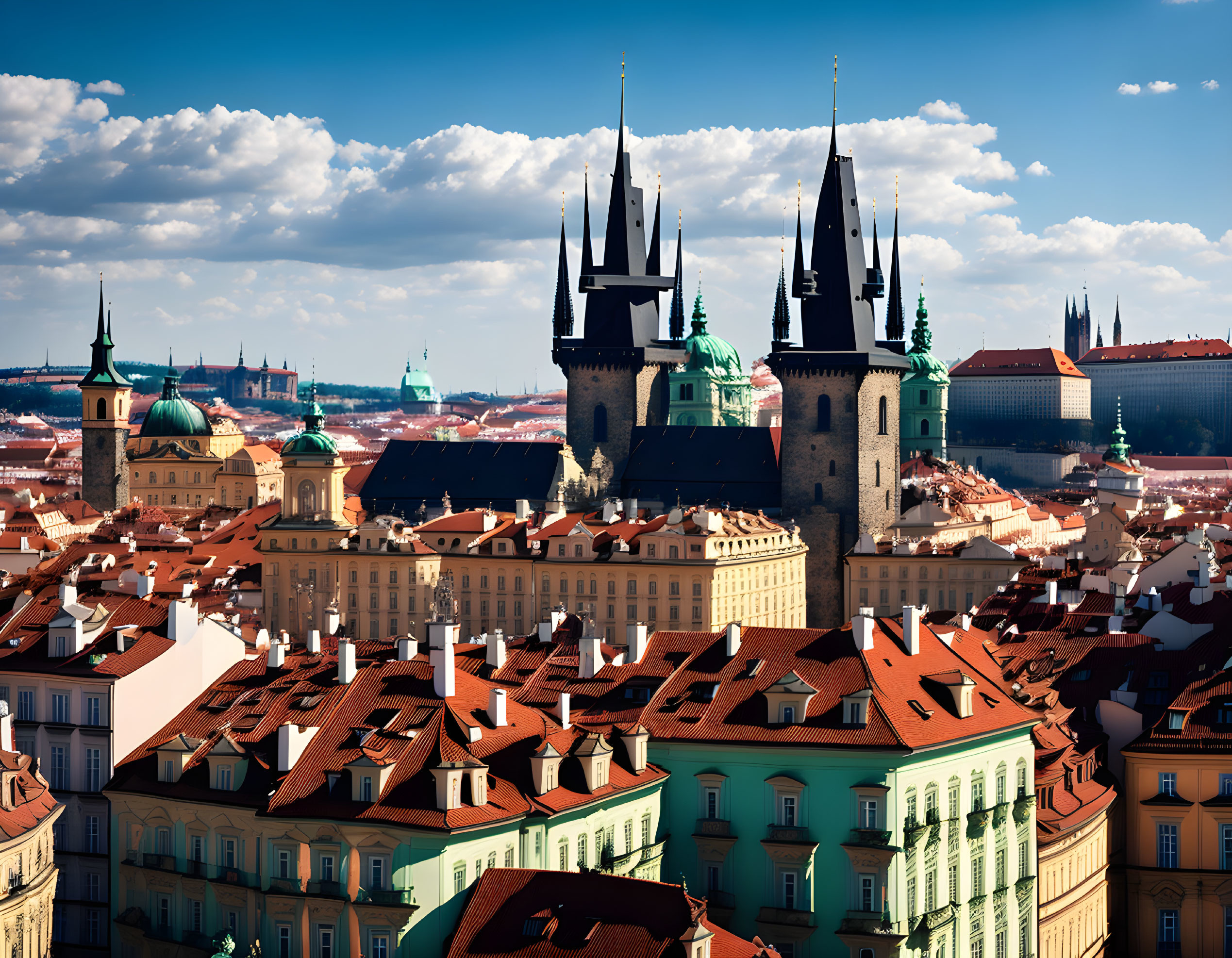Historic European cityscape with Gothic spires and baroque domes