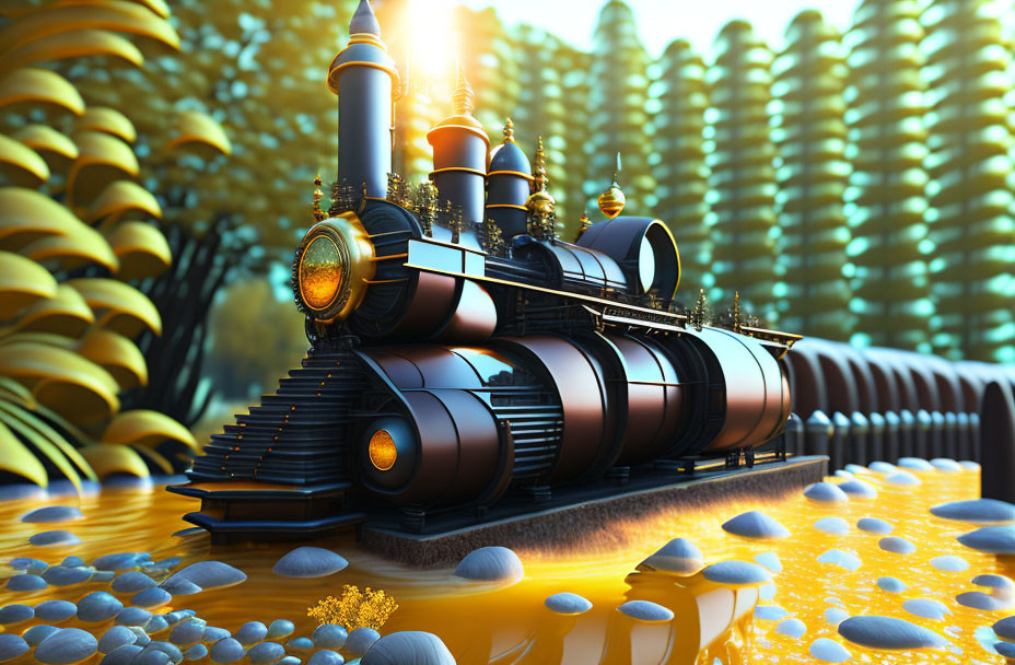 Steampunk locomotive on surreal golden landscape with spherical structures