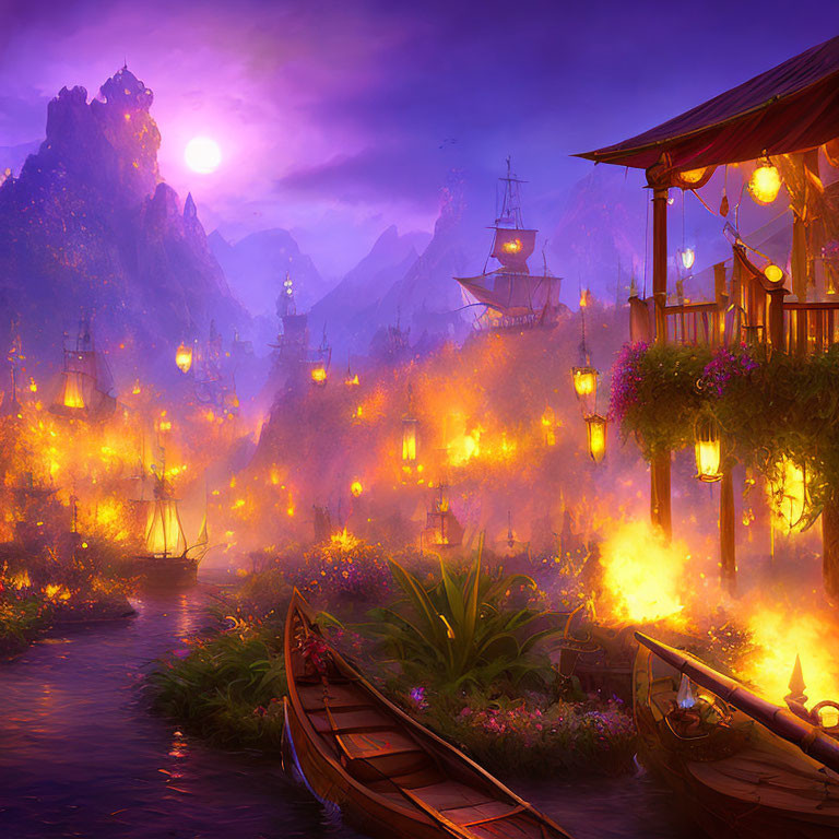 Mystical river scene at dusk with traditional boats and purple sky