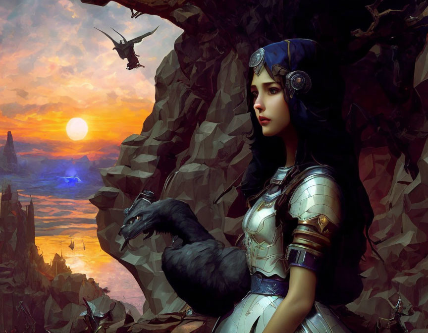Fantasy art of a woman in ornate armor with a raven, sunset, and flying craft