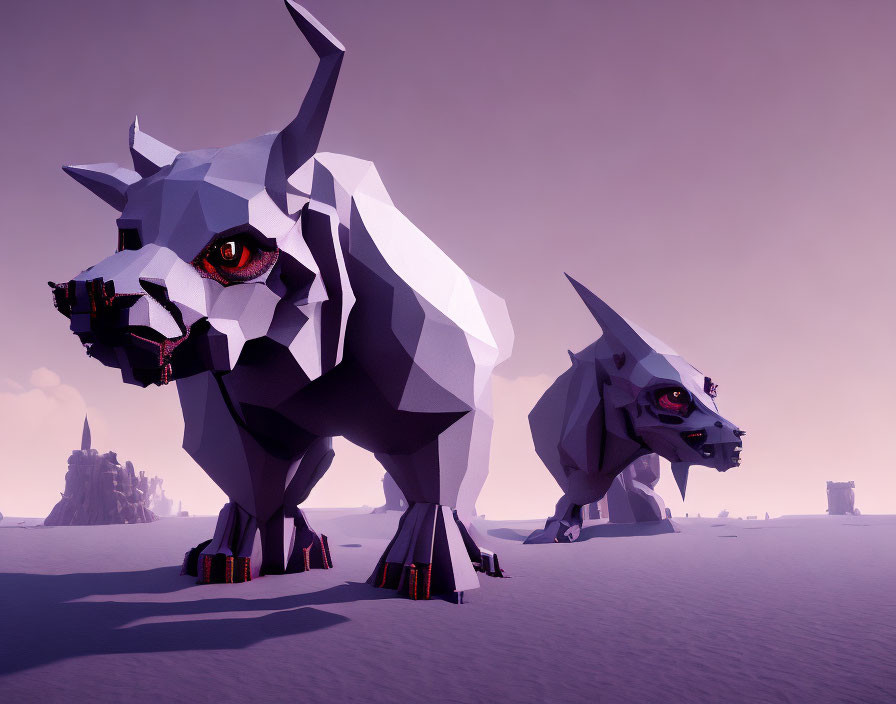 Stylized polygonal bulls with red eyes in futuristic purple landscape