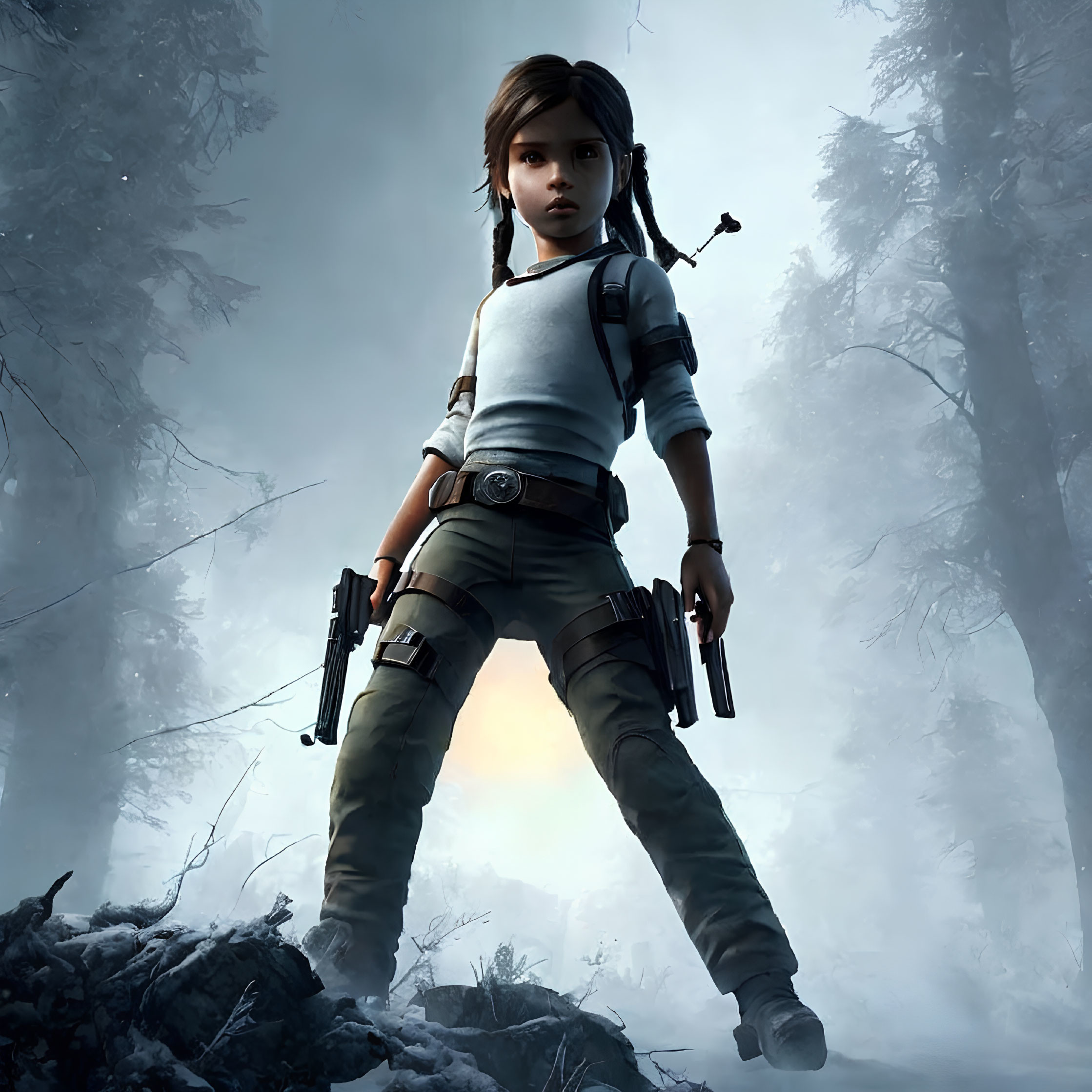 Confident young girl in snowy forest with holster and gun wearing blue shirt and cargo pants