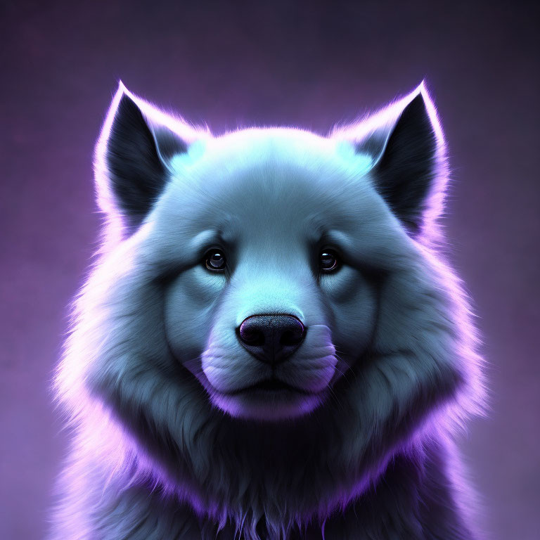 Fluffy Dog Portrait with Glowing Edges and Purple Aura