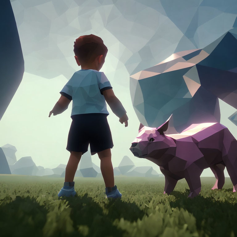 Child and geometric pig in low-poly art on grassy field