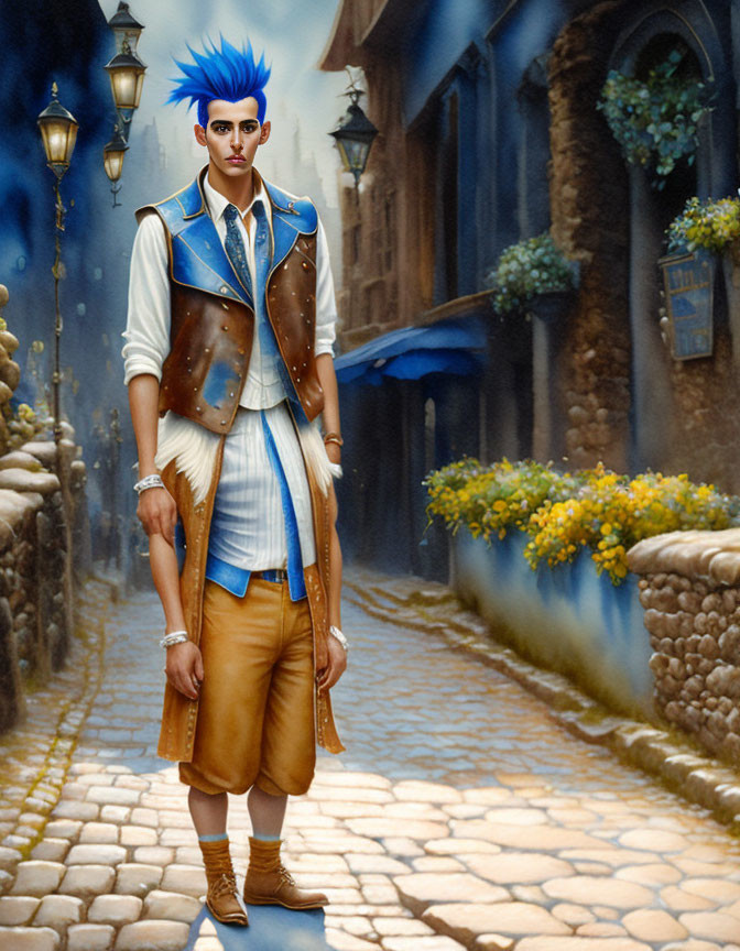 Stylized image of man with blue spiky hair in unique outfit on cobblestone street