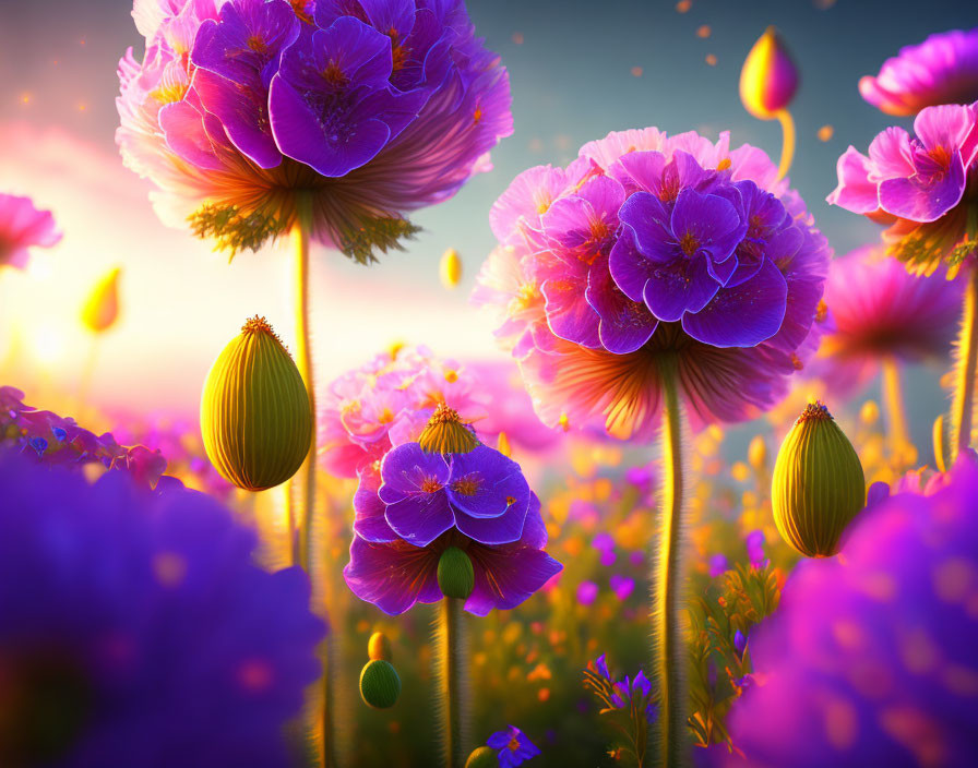 Vibrant Purple Flowers with Golden Centers Blooming in Soft-focus Setting