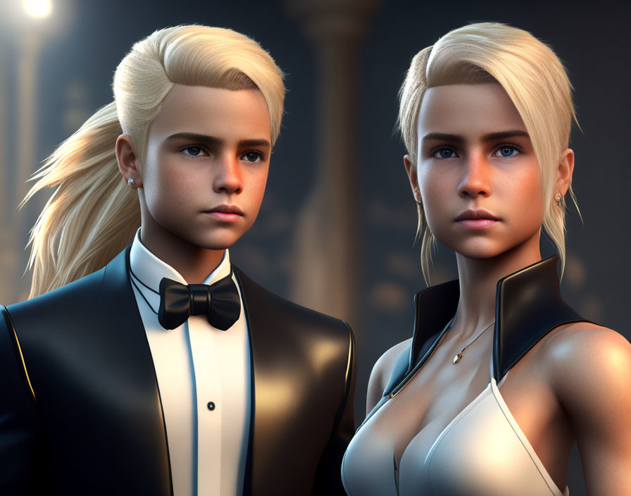 Stylized 3D Male and Female Characters in Formal Attire with Blonde Hair
