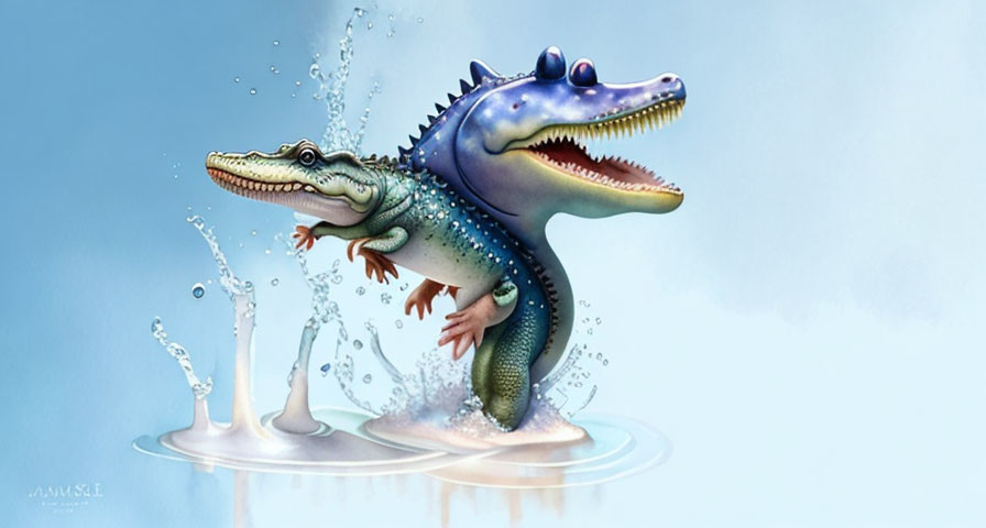 Whimsical crocodile illustration with shark fin hat emerging from water