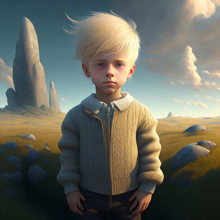 Young boy in white sweater amid rock formations under clear sky
