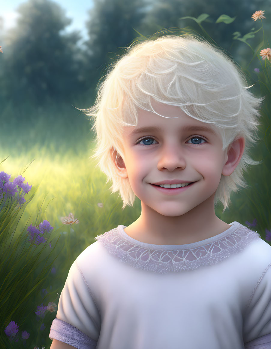 Blonde Haired Boy Smiling in Sunny Meadow with Purple Wildflowers