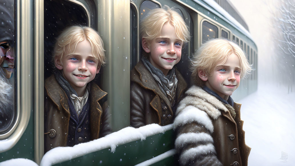 Animated children in coats on snowy train with elderly silhouette