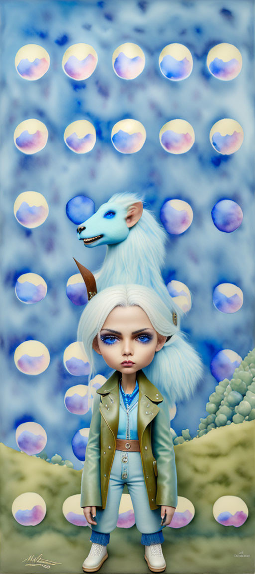Surreal illustration of pale female figure with white hair and blue wolf-headed creature