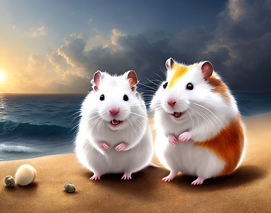Cartoon Hamsters on Beach at Sunset with Sea Shell and Pearl
