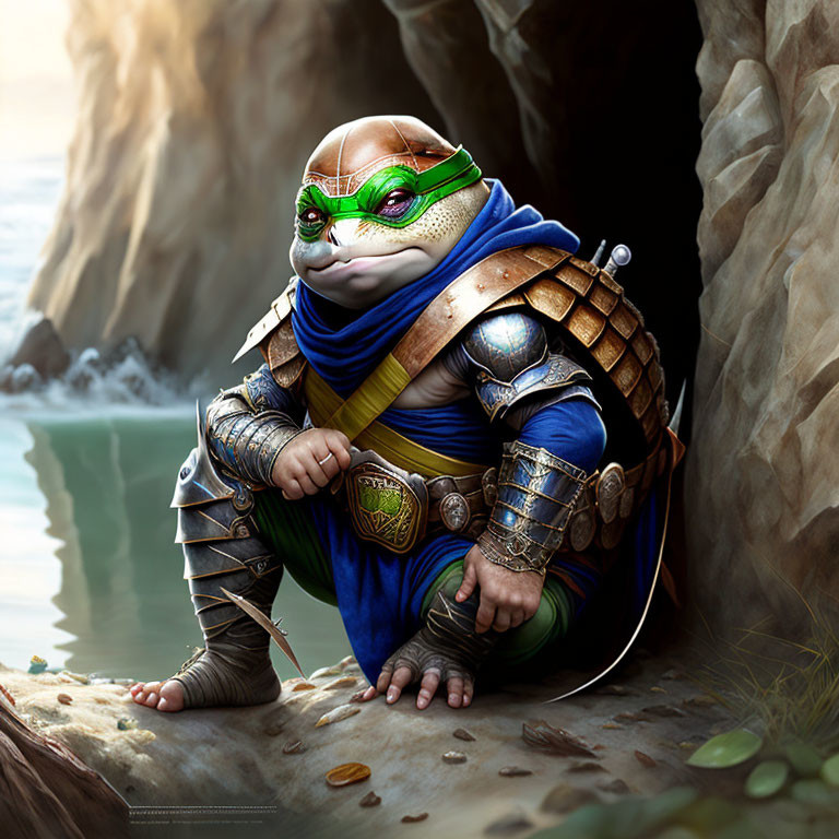 Warrior turtle in armor with green bandana on rocky shore by the sea