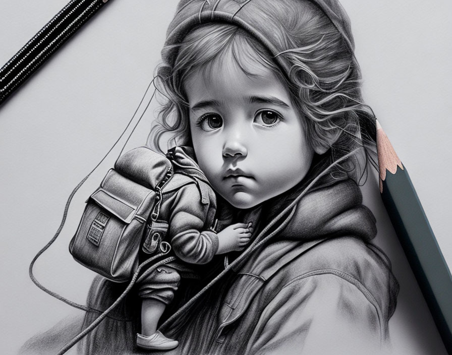 Monochrome pencil sketch of child holding purse with big eyes
