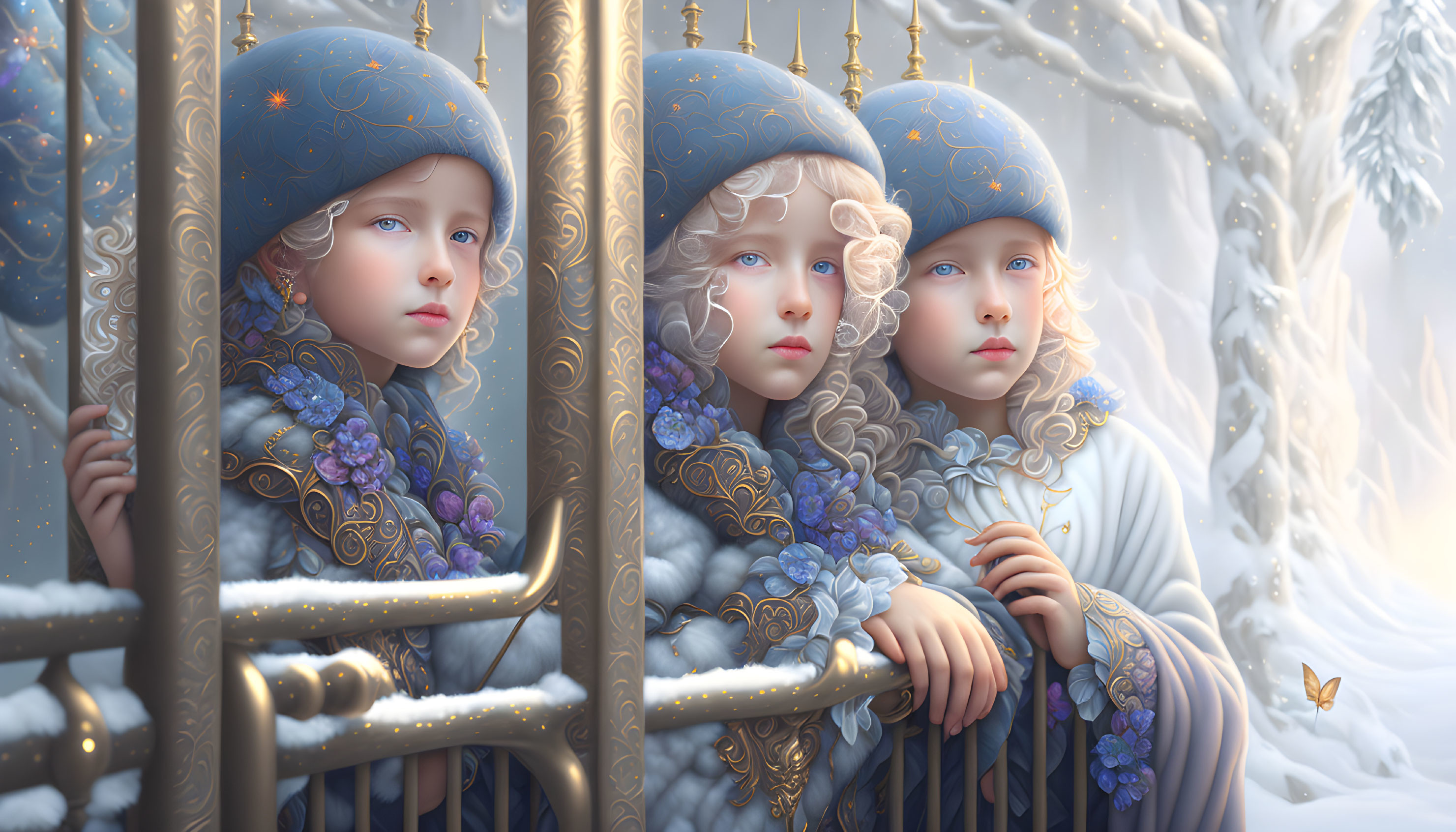 Ethereal children in blue and gold attire at golden gate in snowy forest