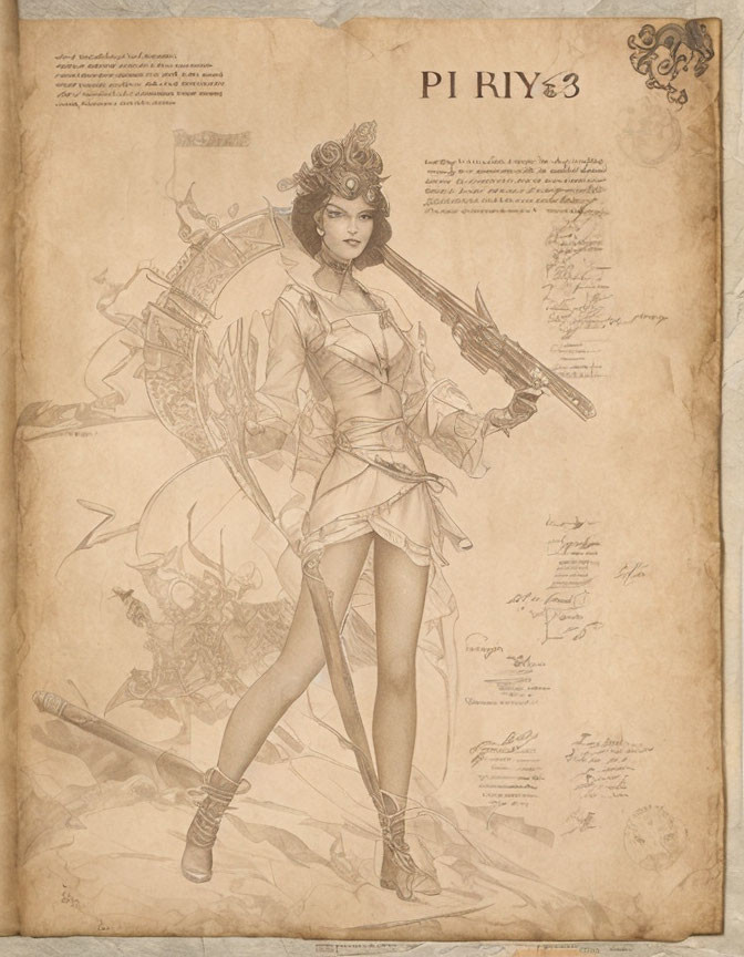 Detailed Steampunk-Inspired Female Character Illustration on Parchment Background