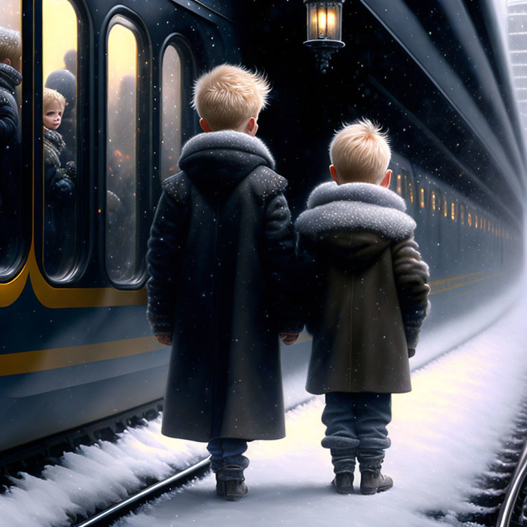 Children watching train leave snowy platform with reflections.