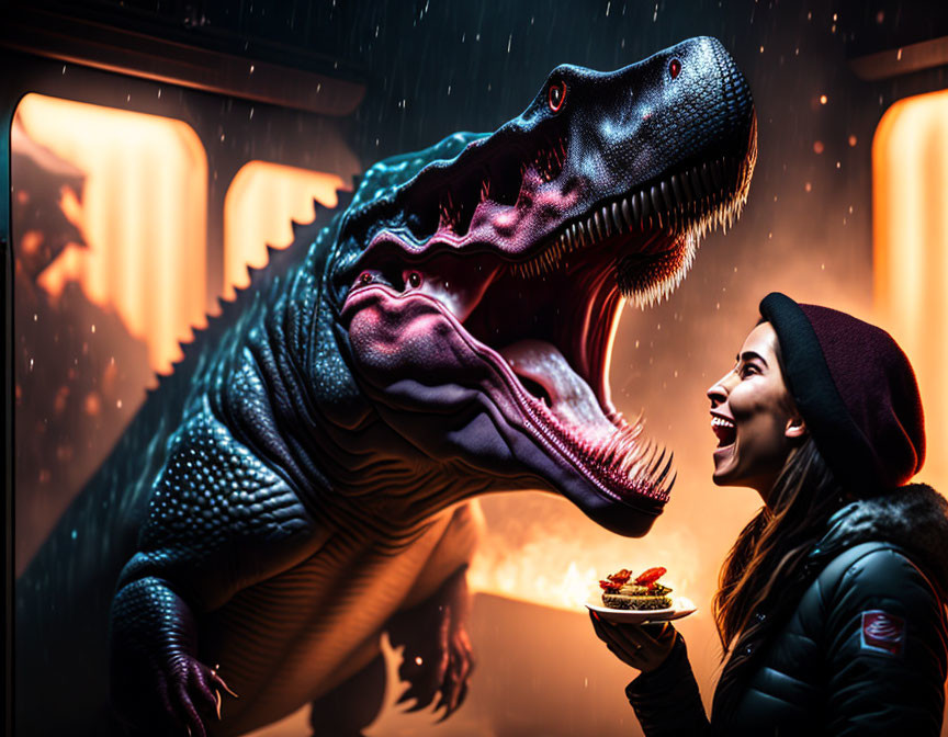 Woman in beanie interacts with realistic T-rex in moody setting