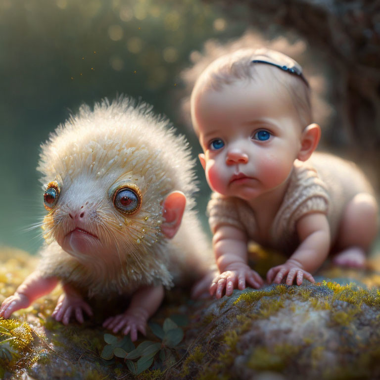 Infant with fantastical wide-eyed creature on moss-covered ground