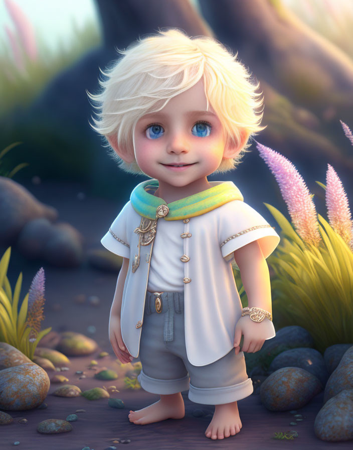 Cartoon young boy 3D illustration in forest setting